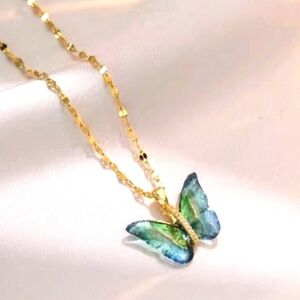 Gold and Blue Butterfly Necklace with Iridescent Pendant